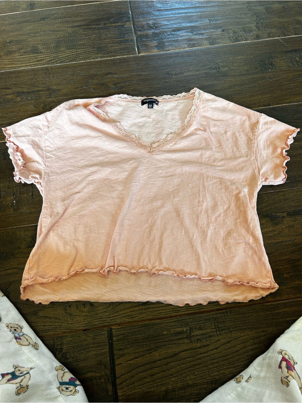 Light Pink V-Neck Ruffle-Edge Short Sleeve Top